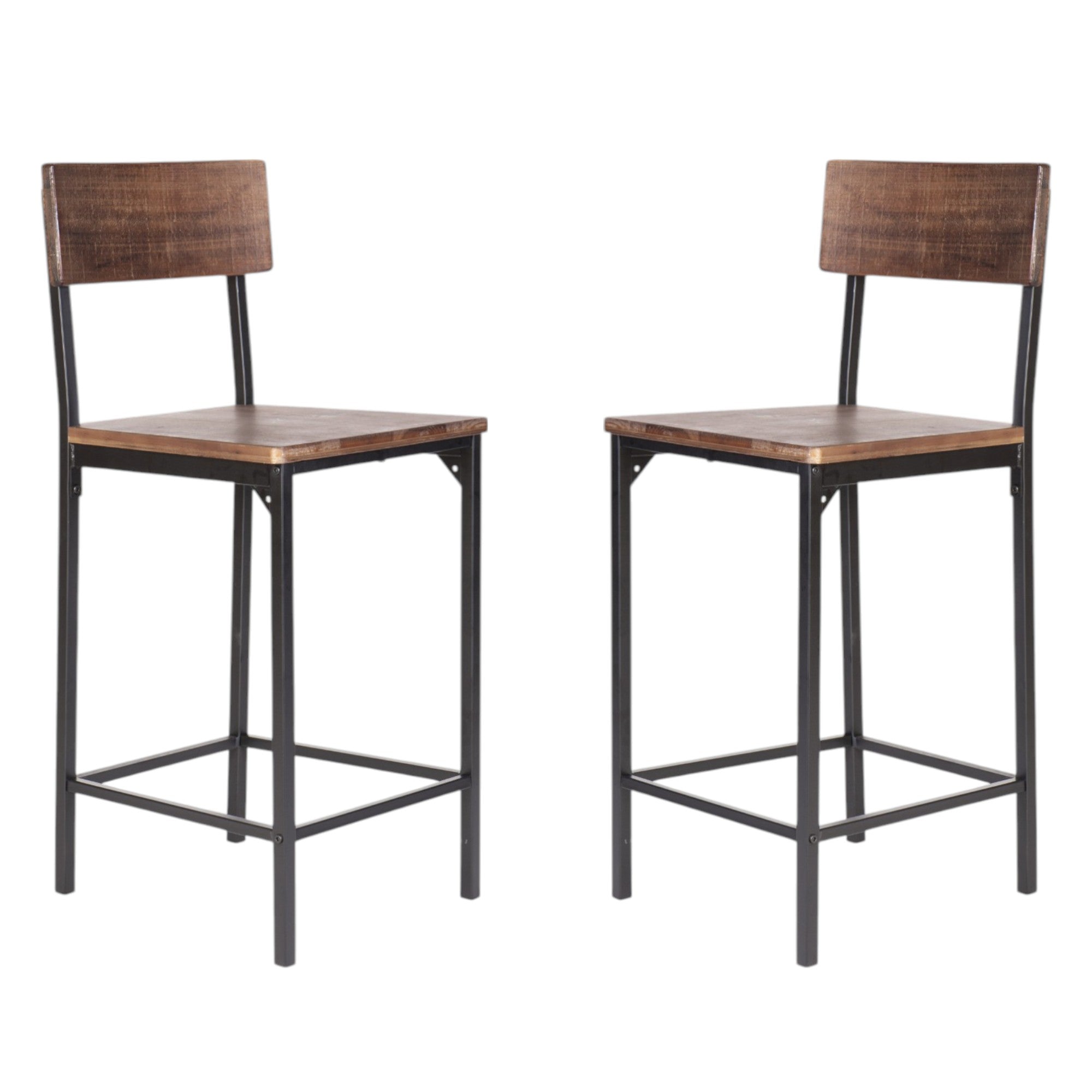 Set of Two 25" Brown and Black Solid Wood and Metal Counter Height Bar Chairs
