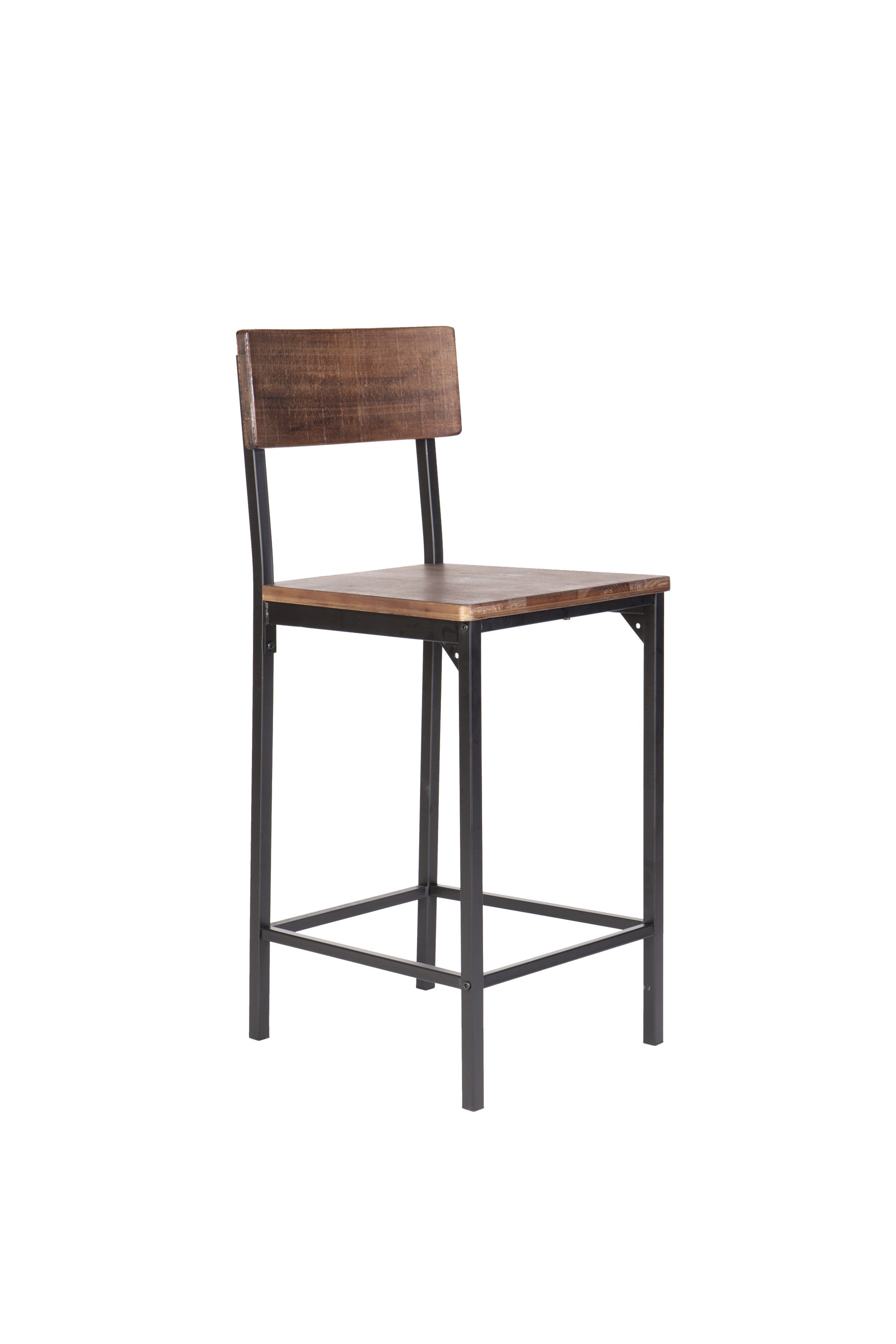 Set of Two 25" Brown and Black Solid Wood and Metal Counter Height Bar Chairs