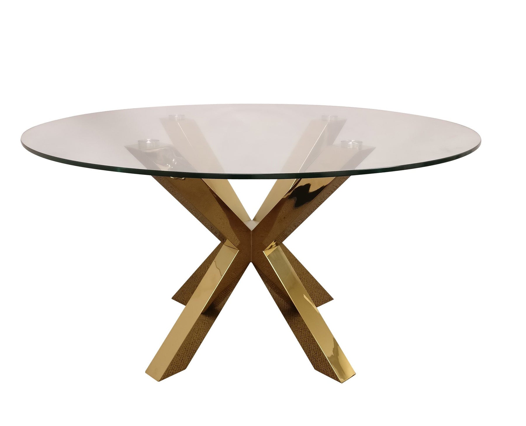 54" Clear and Gold Glass and Metal Cross Leg Base Round Top Dining Table