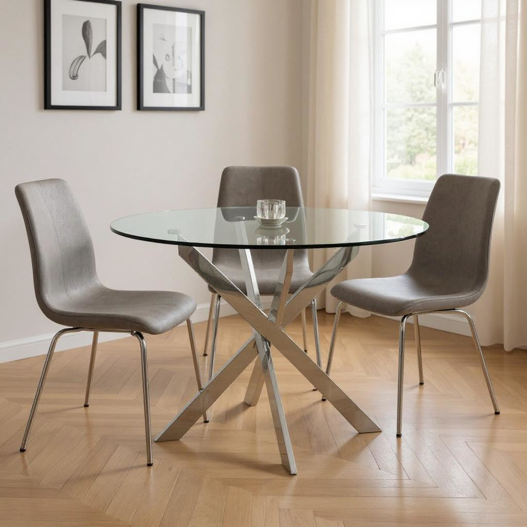 48" Clear and Silver Glass and Metal Cross Leg Base Round Top Dining Table
