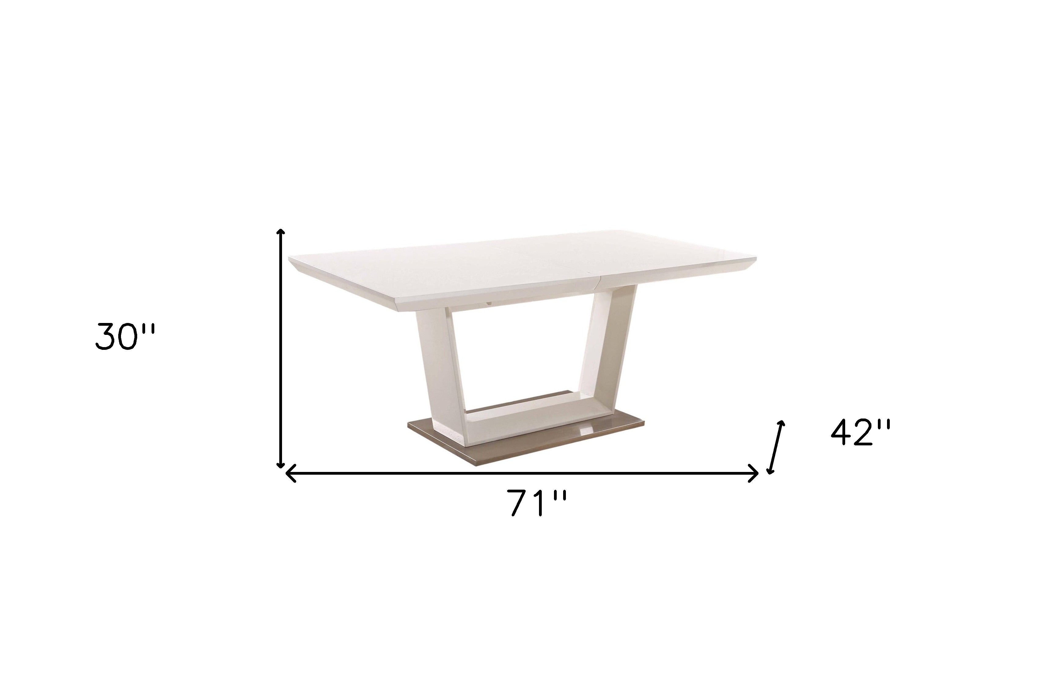 71" White Wood and Metal Self-Storing Leaf Pedestal Base Extendable Dining Table