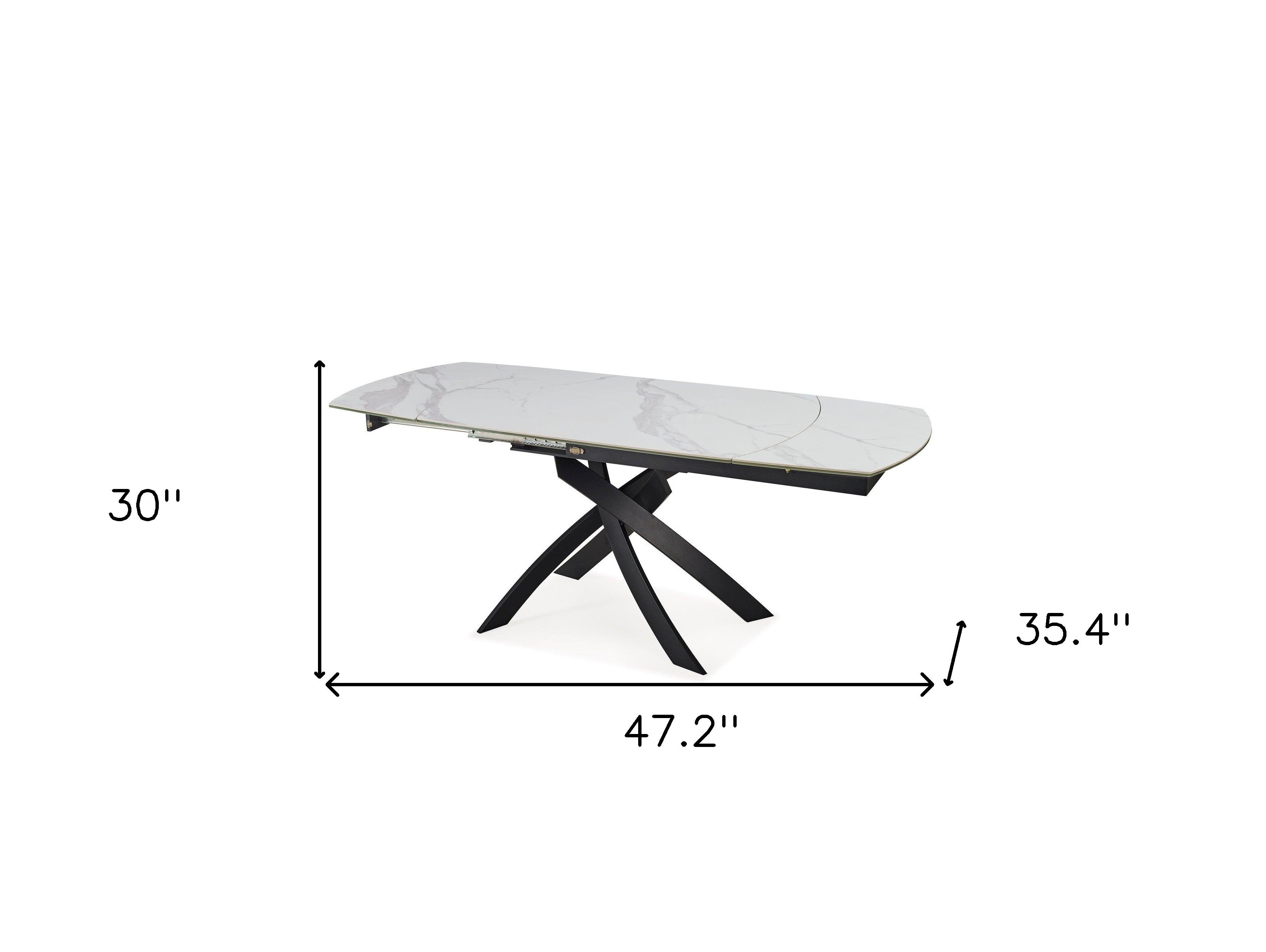 47" Gray White and Black Ceramic and Metal Self-Storing Leaf Cross Leg Base Oval Extendable Dining Table