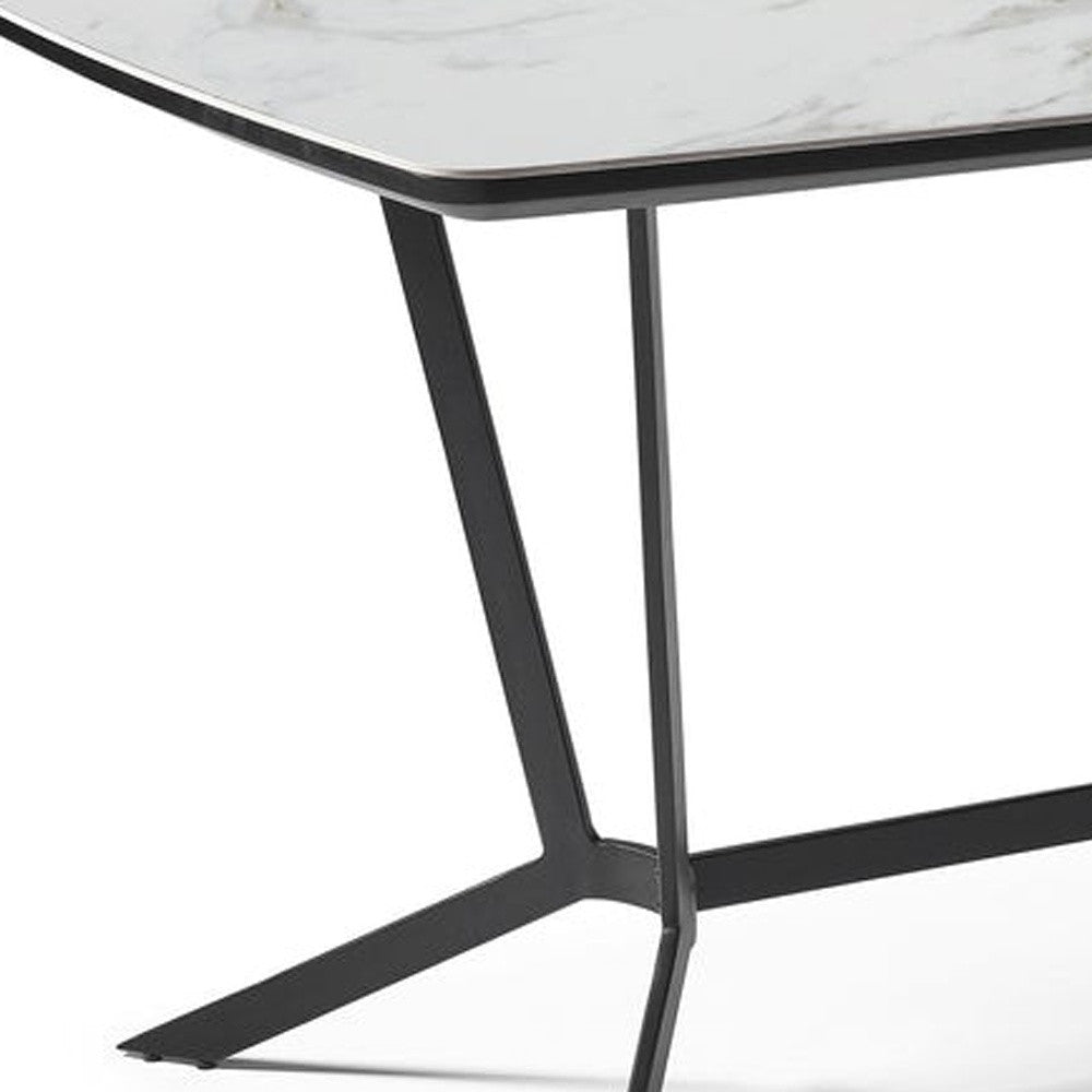 63" Gray White and Black Ceramic and Metal Trestle Base Dining Table
