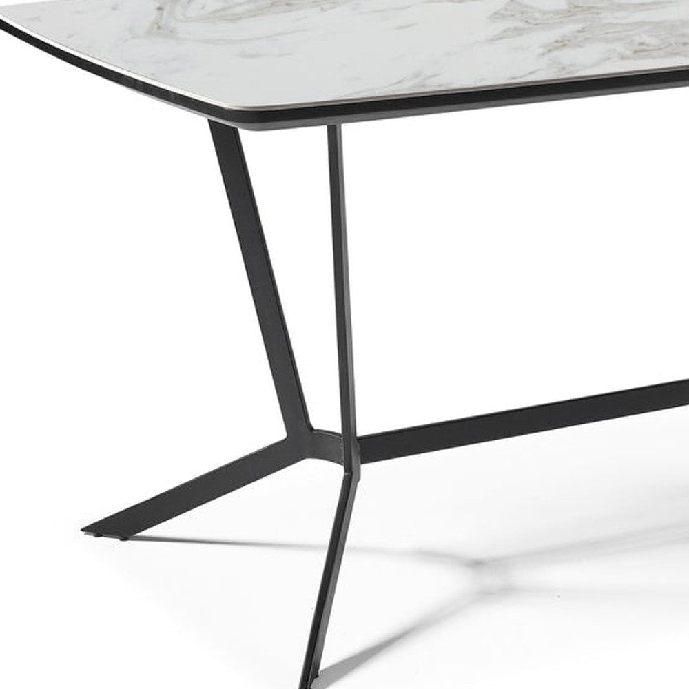 63" Gray White and Black Ceramic and Metal Trestle Base Dining Table