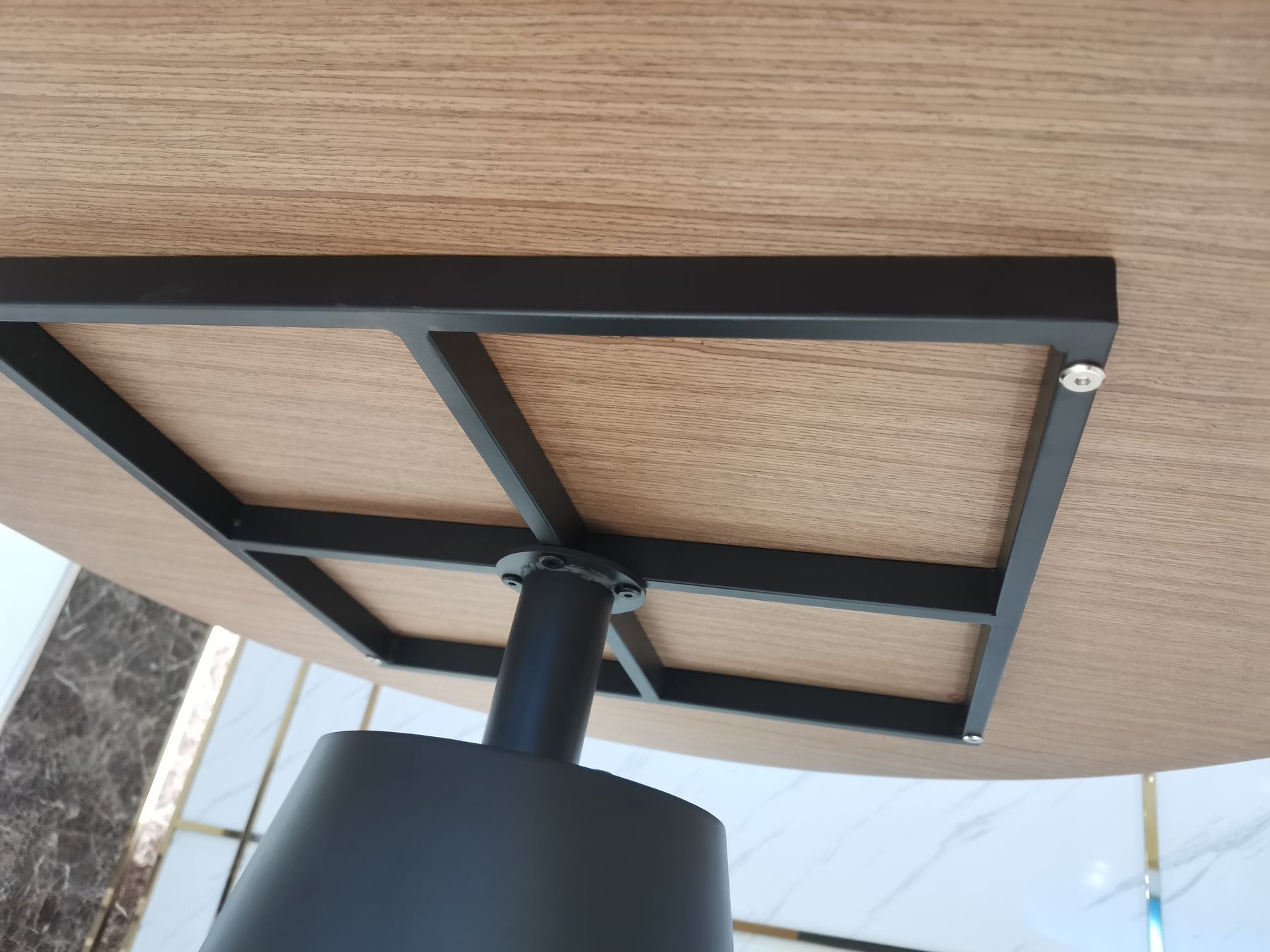 48" Brown and Black Wood and Metal Pedestal Base Round Top Dining Table