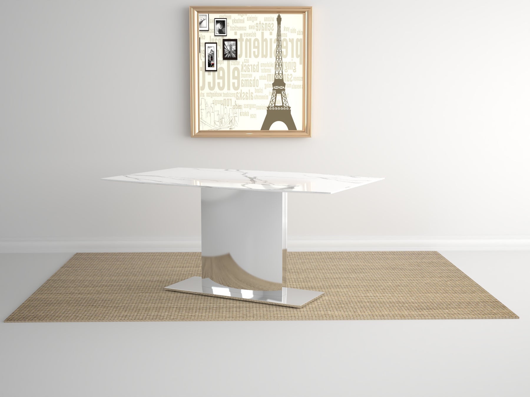 72" Gray White and Silver Marble and Stainless Steel Pedestal Base Dining Table