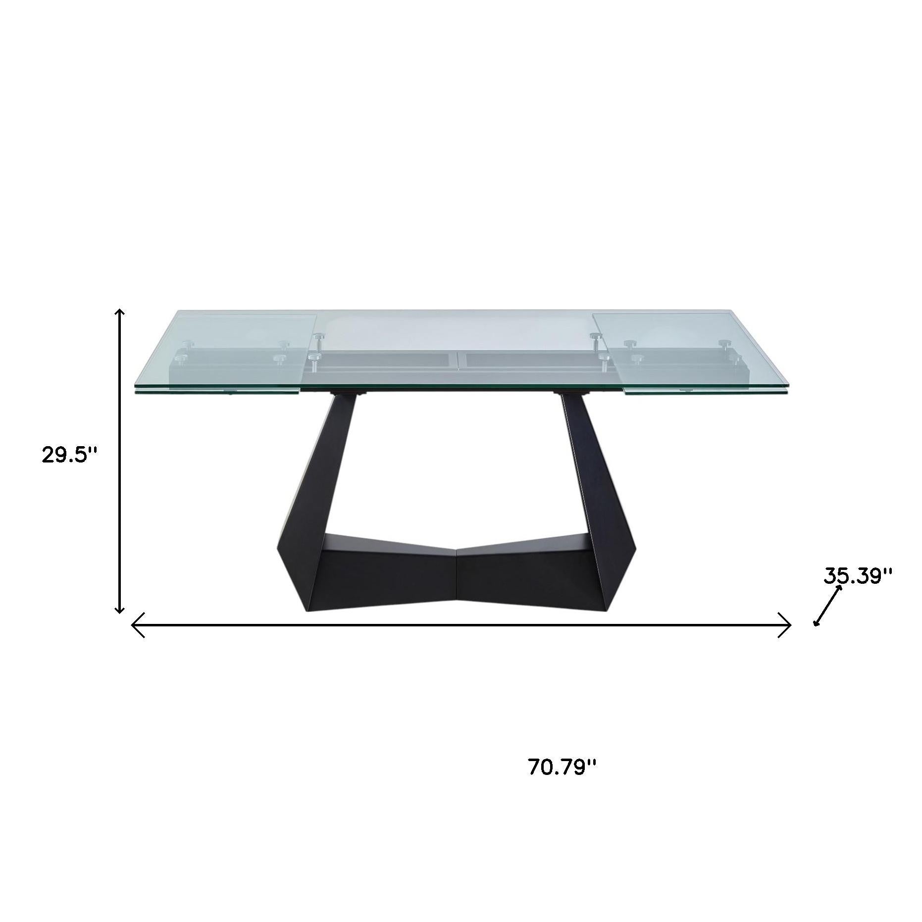 71" Clear and Black Glass and Metal Self-Storing Leaf Sled Base Extendable Dining Table