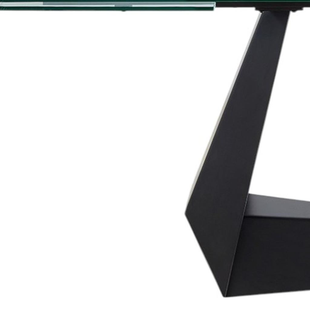 71" Clear and Black Glass and Metal Self-Storing Leaf Sled Base Extendable Dining Table