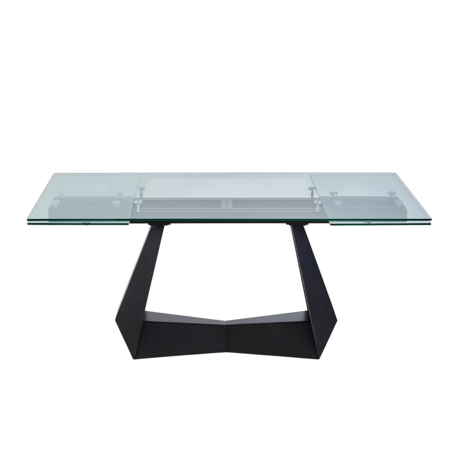 71" Clear and Black Glass and Metal Self-Storing Leaf Sled Base Extendable Dining Table