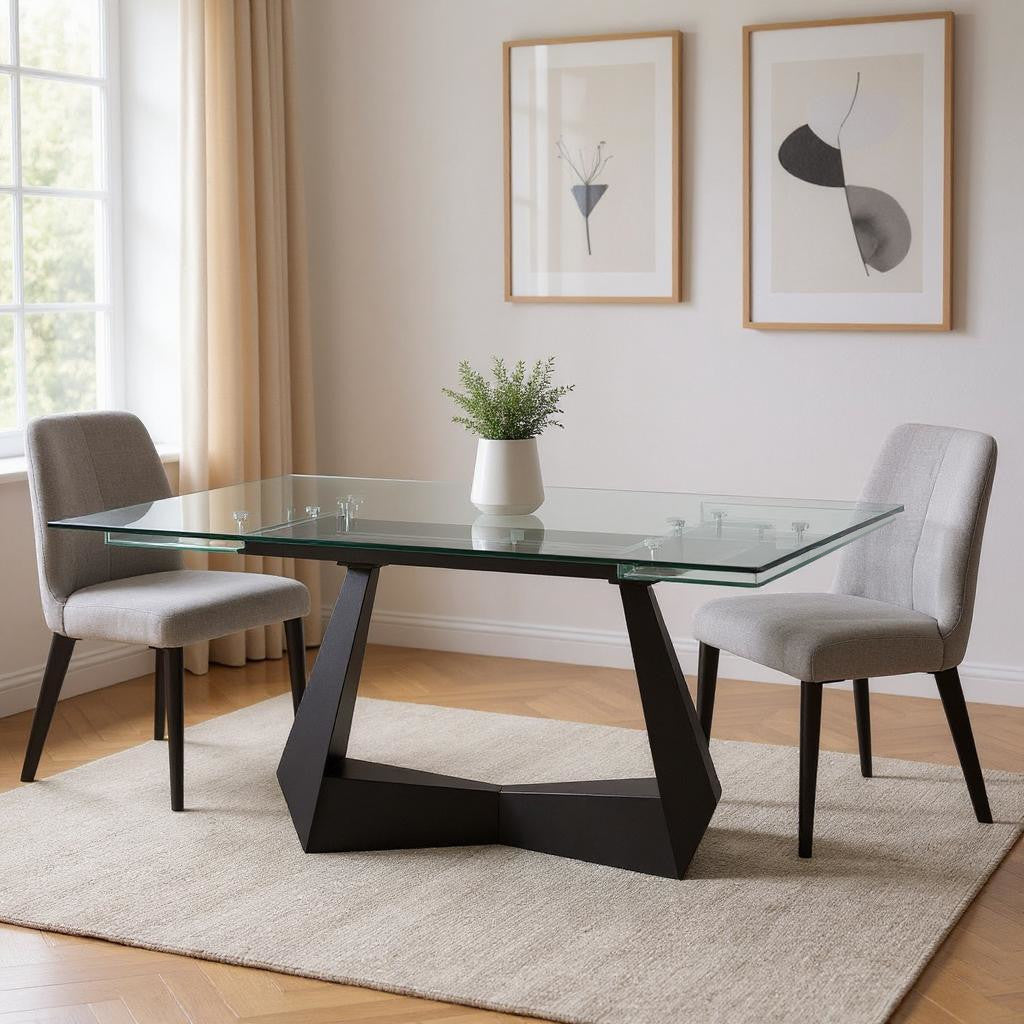 71" Clear and Black Glass and Metal Self-Storing Leaf Sled Base Extendable Dining Table