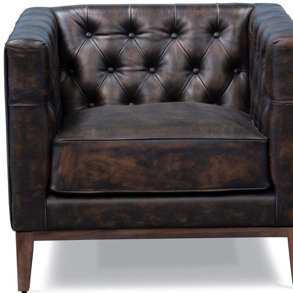 33" Brown and Black Antiqued Top Grain Leather Tufted Club Chair