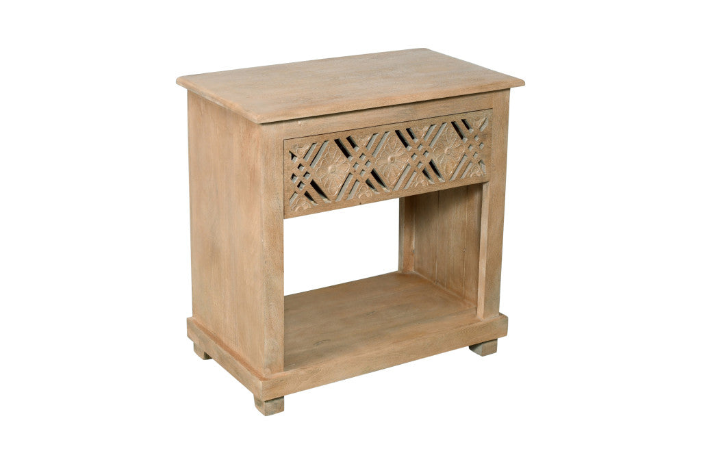 28" Natural Solid Wood Carved Geometric One Drawer Nightstand