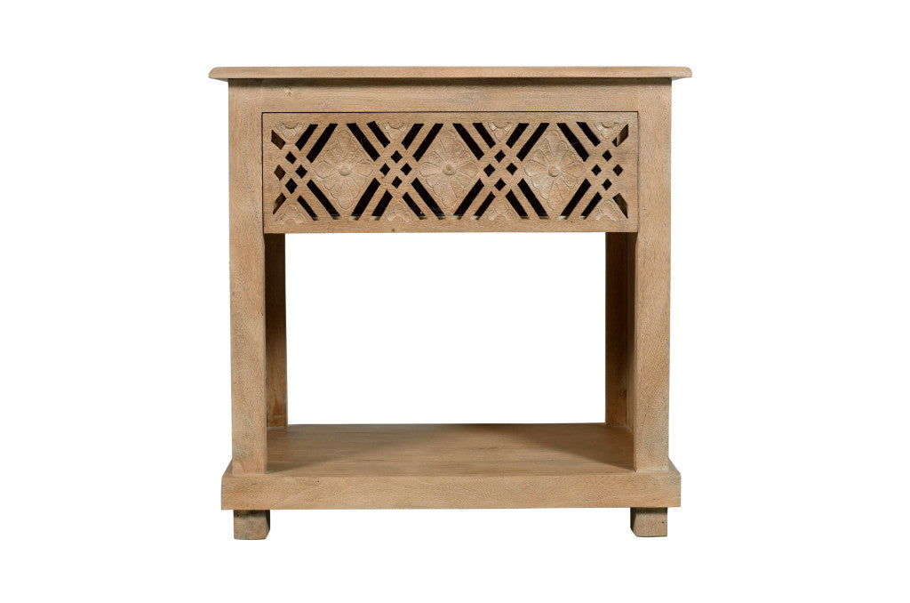 28" Natural Solid Wood Carved Geometric One Drawer Nightstand