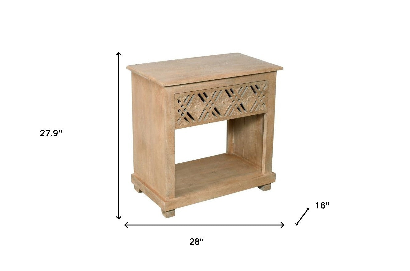 28" Natural Solid Wood Carved Geometric One Drawer Nightstand