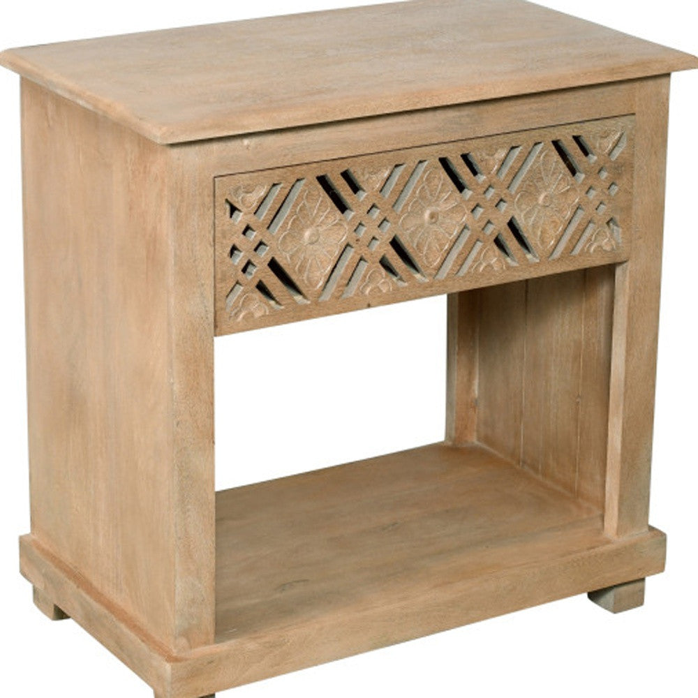 28" Natural Solid Wood Carved Geometric One Drawer Nightstand