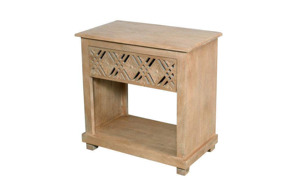 28" Natural Solid Wood Carved Geometric One Drawer Nightstand