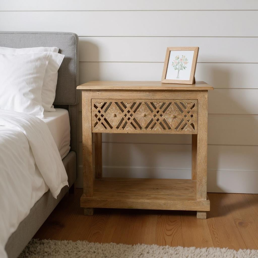 28" Natural Solid Wood Carved Geometric One Drawer Nightstand