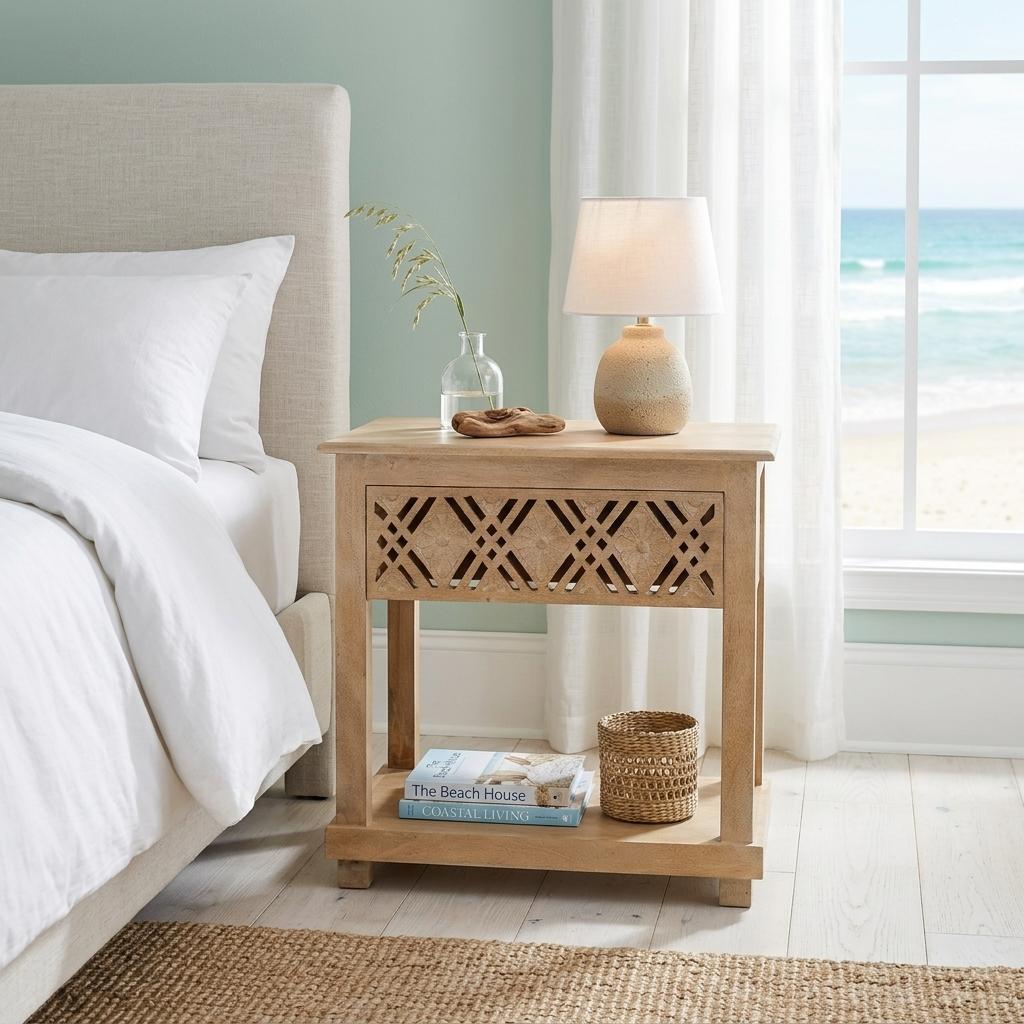 28" Natural Solid Wood Carved Geometric One Drawer Nightstand