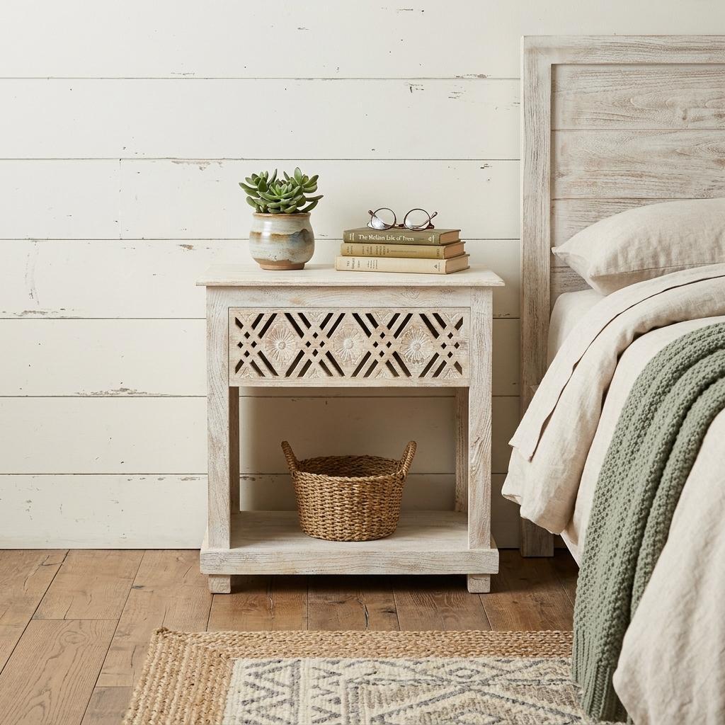 28" White Solid Wood Distressed Carved Geometric One Drawer Nightstand