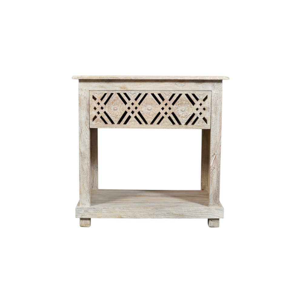 28" White Solid Wood Distressed Carved Geometric One Drawer Nightstand