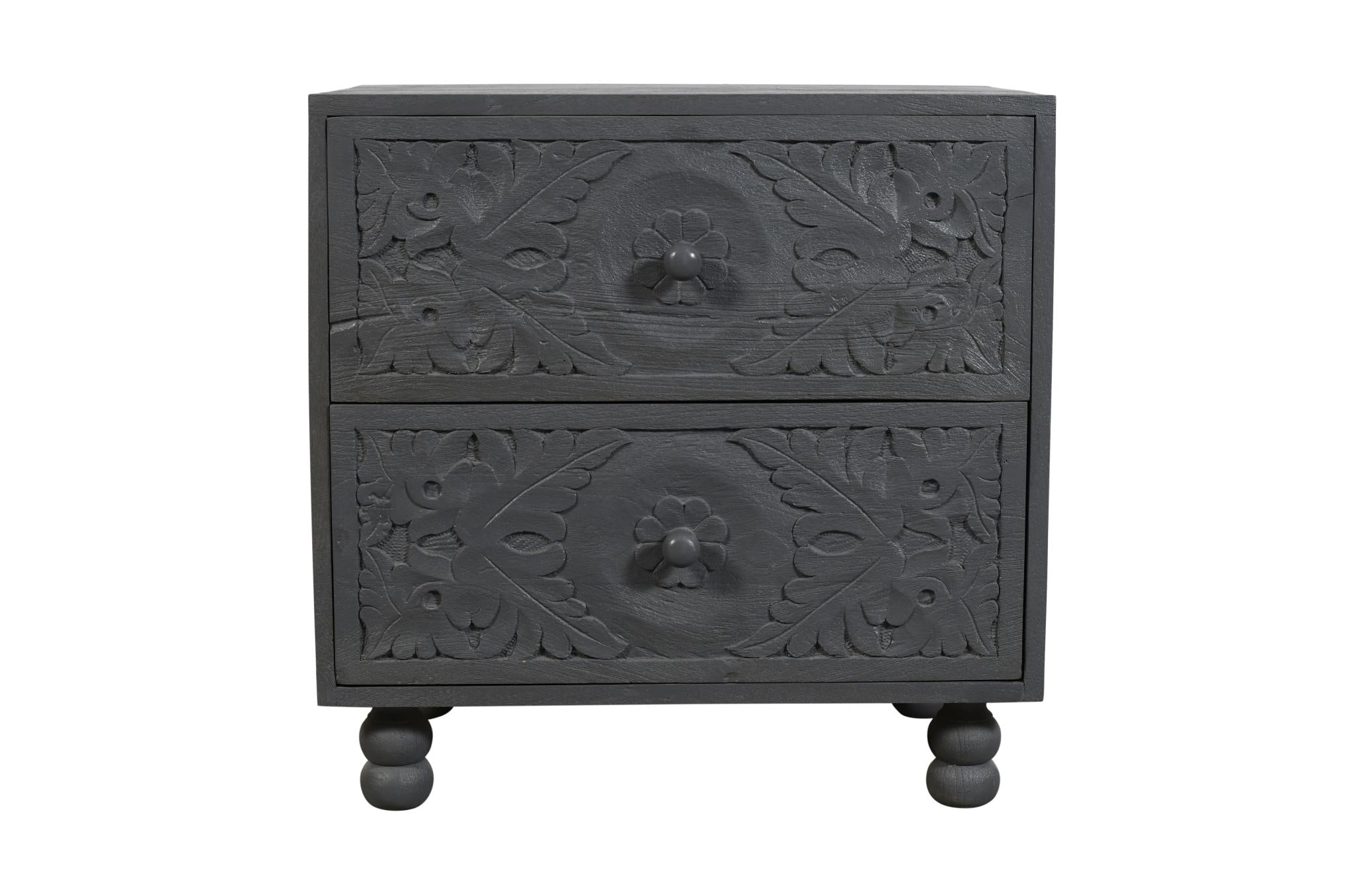 24" Gray Solid Wood Carved Scrollwork Two Drawer Nightstand