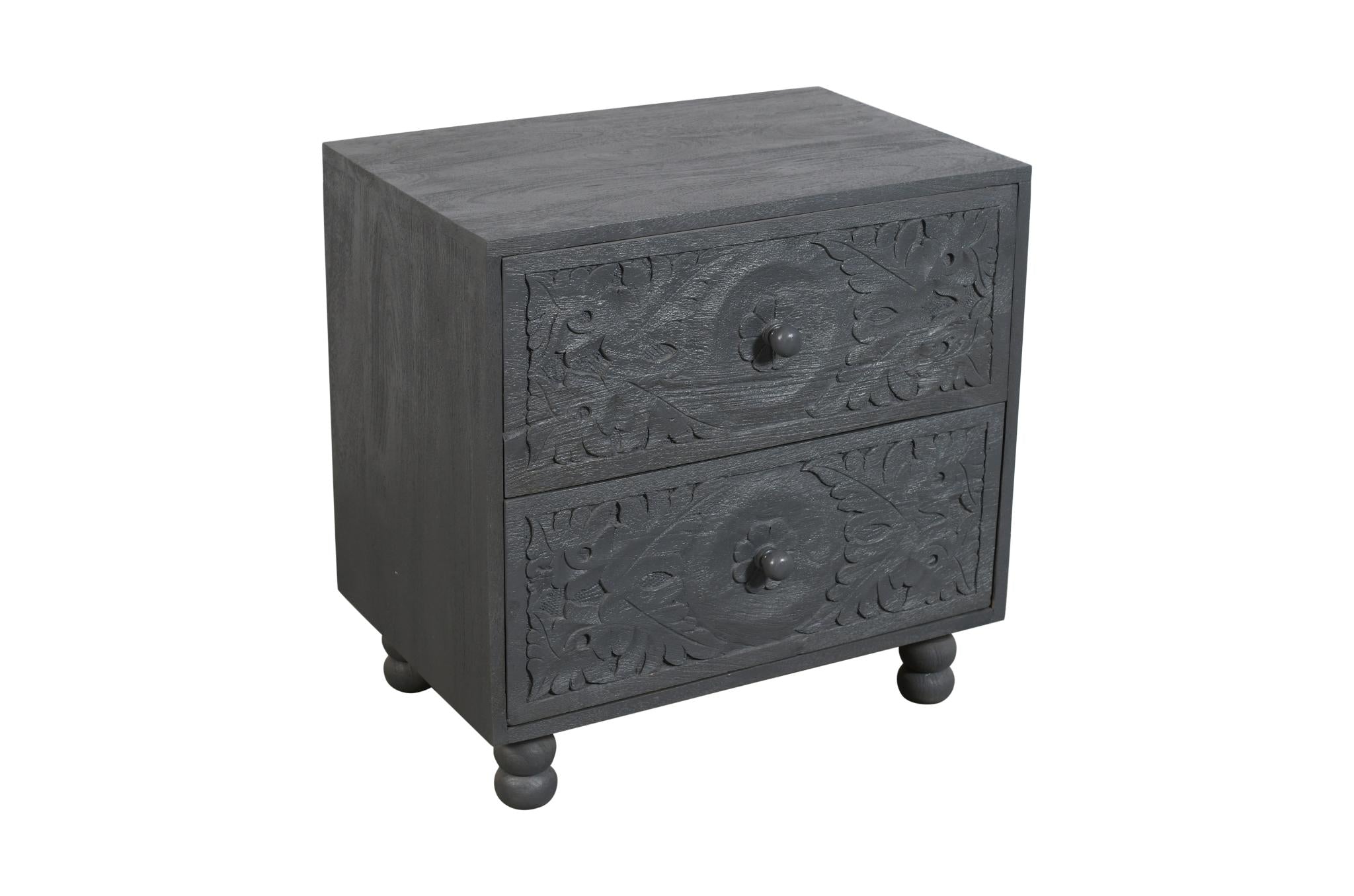 24" Gray Solid Wood Carved Scrollwork Two Drawer Nightstand