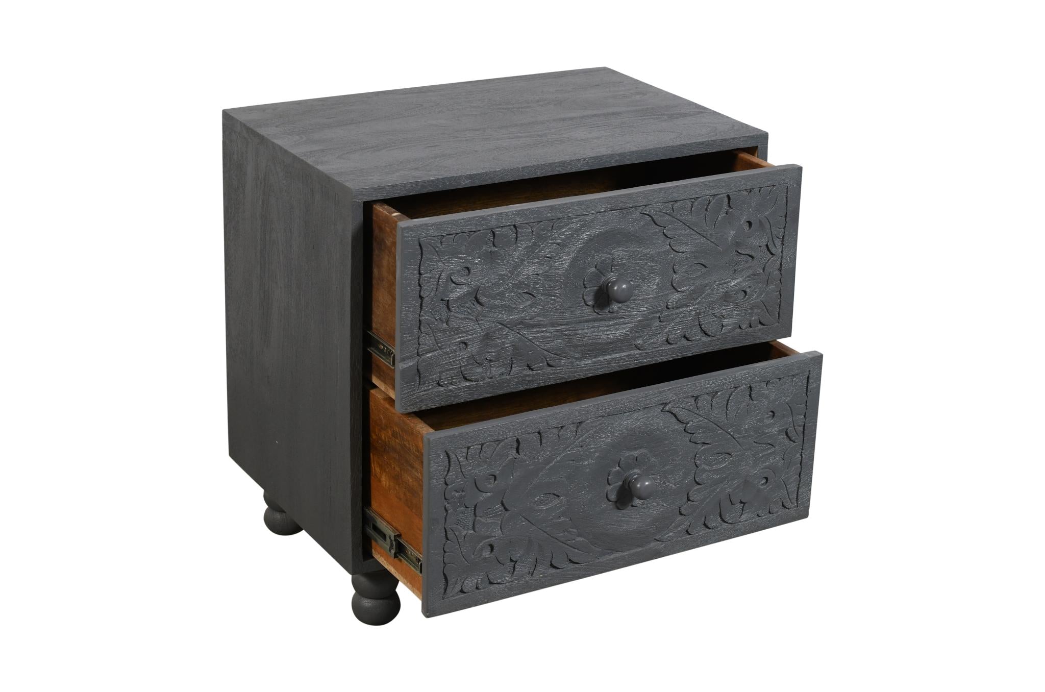 24" Gray Solid Wood Carved Scrollwork Two Drawer Nightstand
