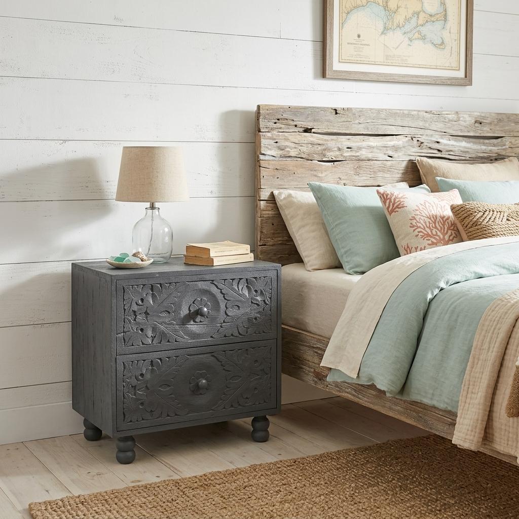 24" Gray Solid Wood Carved Scrollwork Two Drawer Nightstand