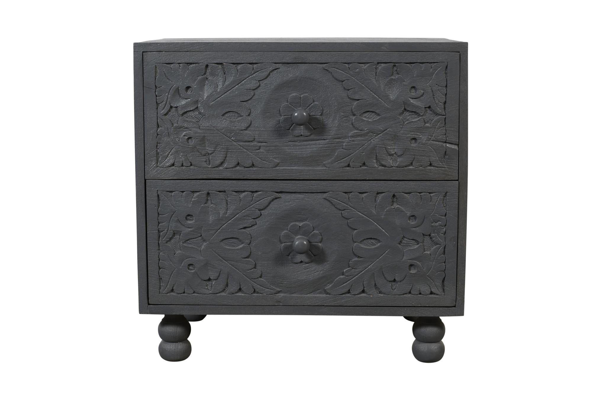 24" Gray Solid Wood Carved Scrollwork Two Drawer Nightstand