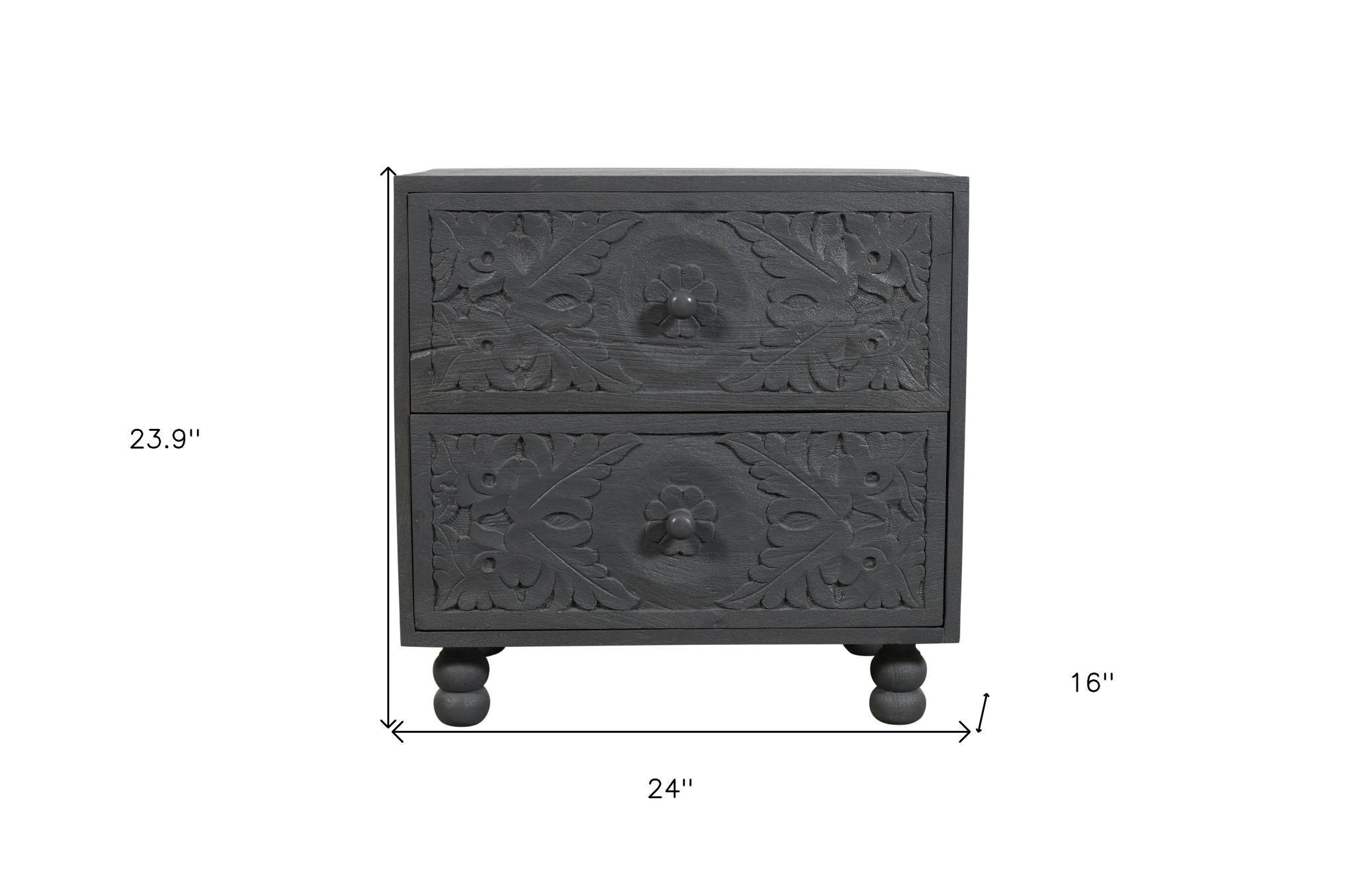24" Gray Solid Wood Carved Scrollwork Two Drawer Nightstand