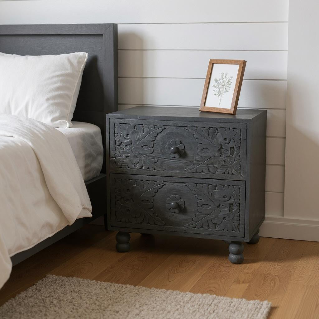 24" Gray Solid Wood Carved Scrollwork Two Drawer Nightstand