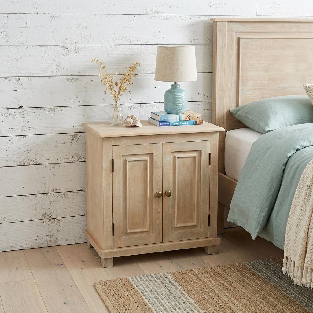 28" Distressed Beige Solid Wood Nightstand With Storage