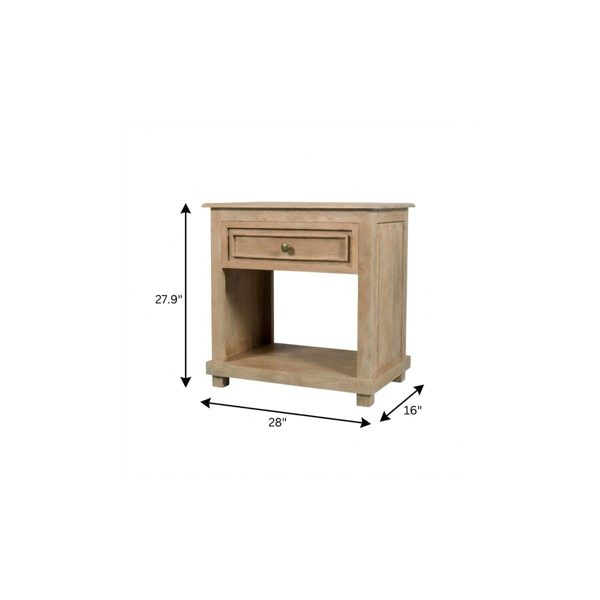 28" Beige Solid Wood Distressed One Drawer Nightstand