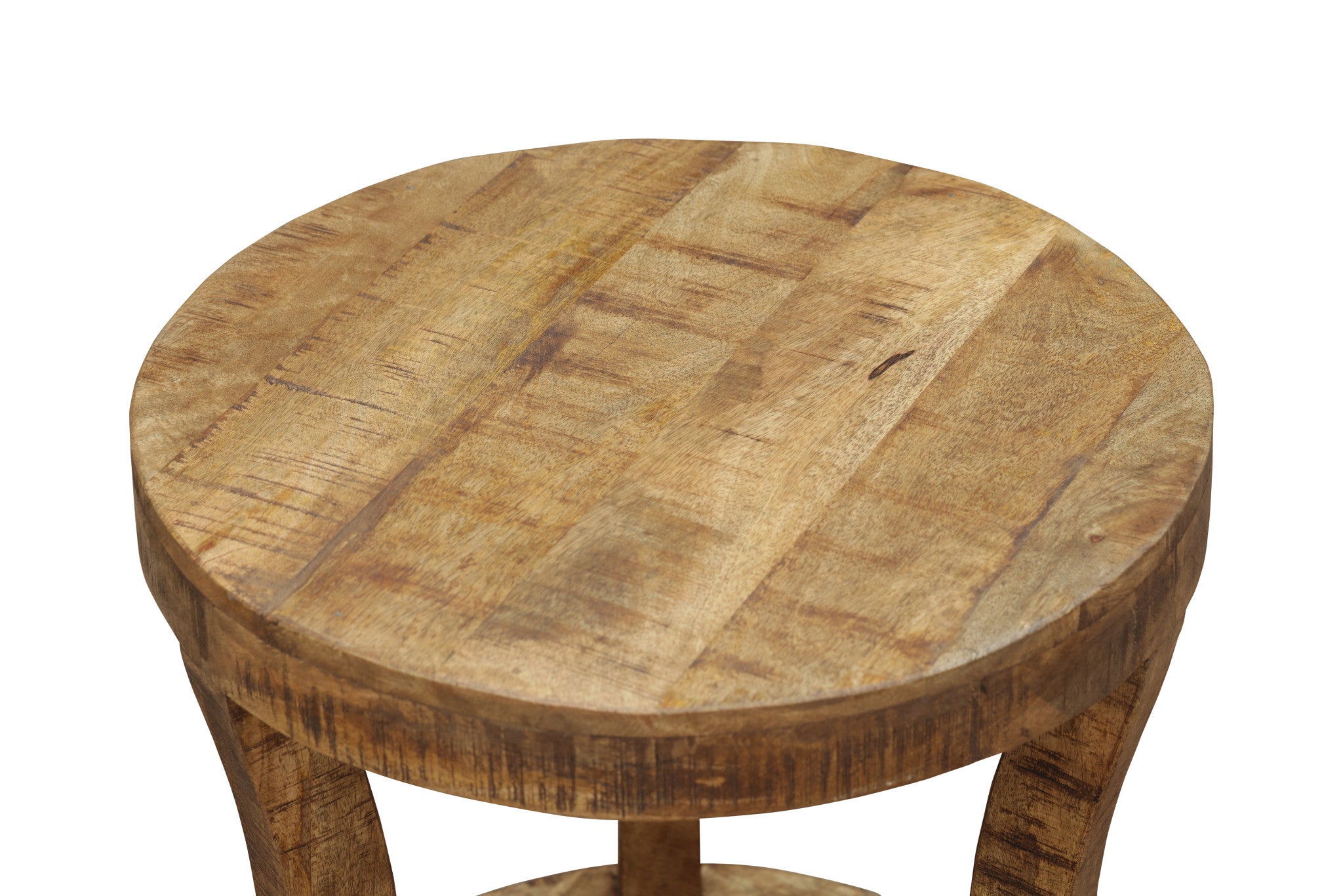 18" Brown And Brown Wood Distressed Solid Wood Round End Table