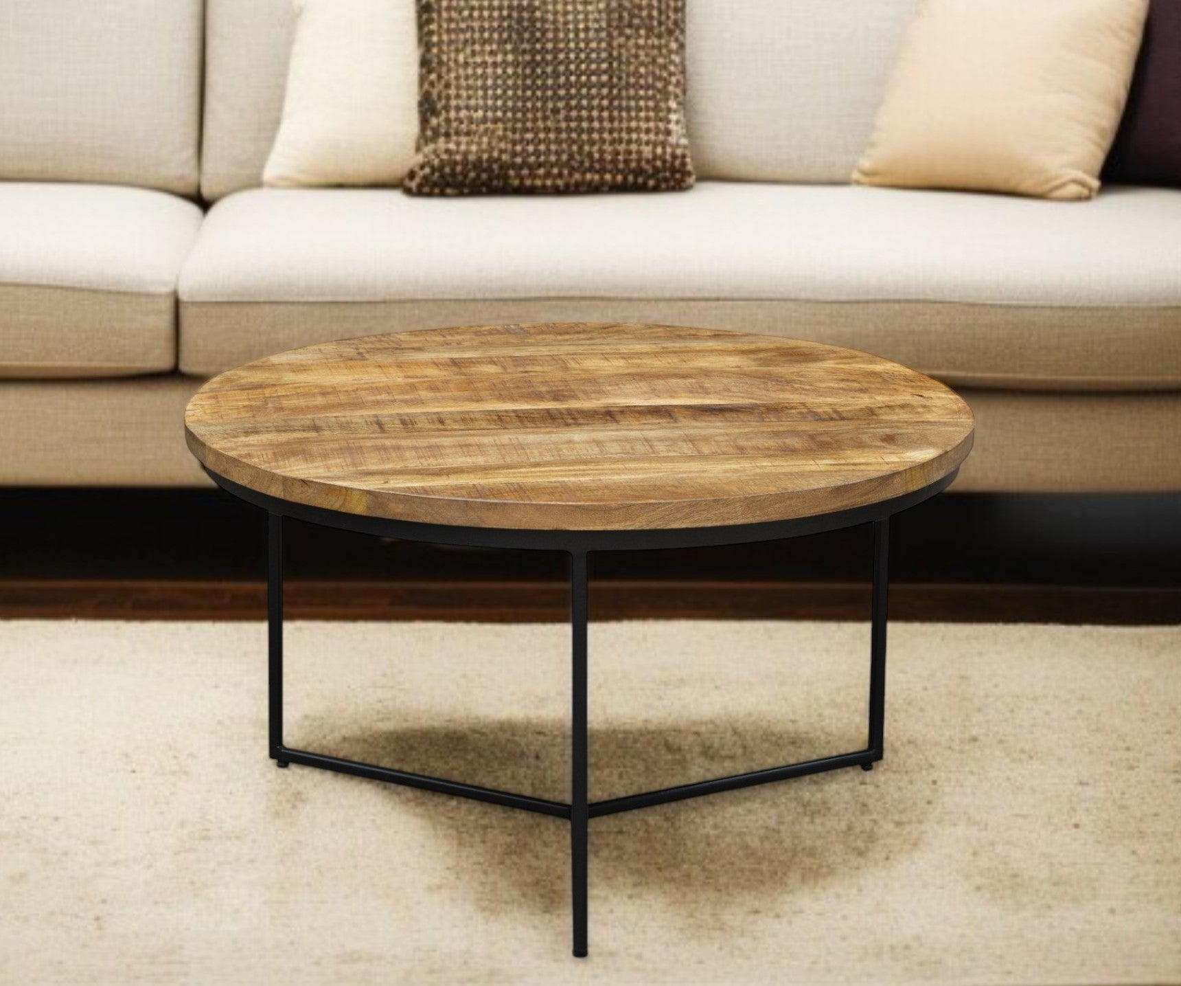32" Natural and Black Solid Wood And Iron Round Distressed Cross Legs Coffee Table