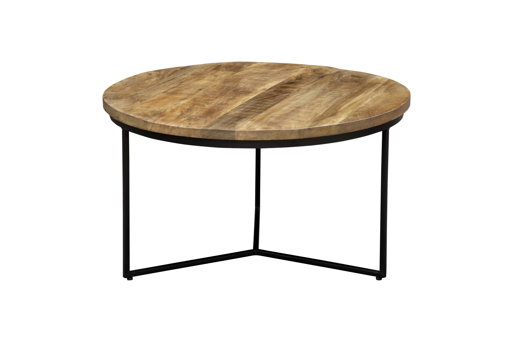 32" Natural and Black Solid Wood And Iron Round Distressed Cross Legs Coffee Table