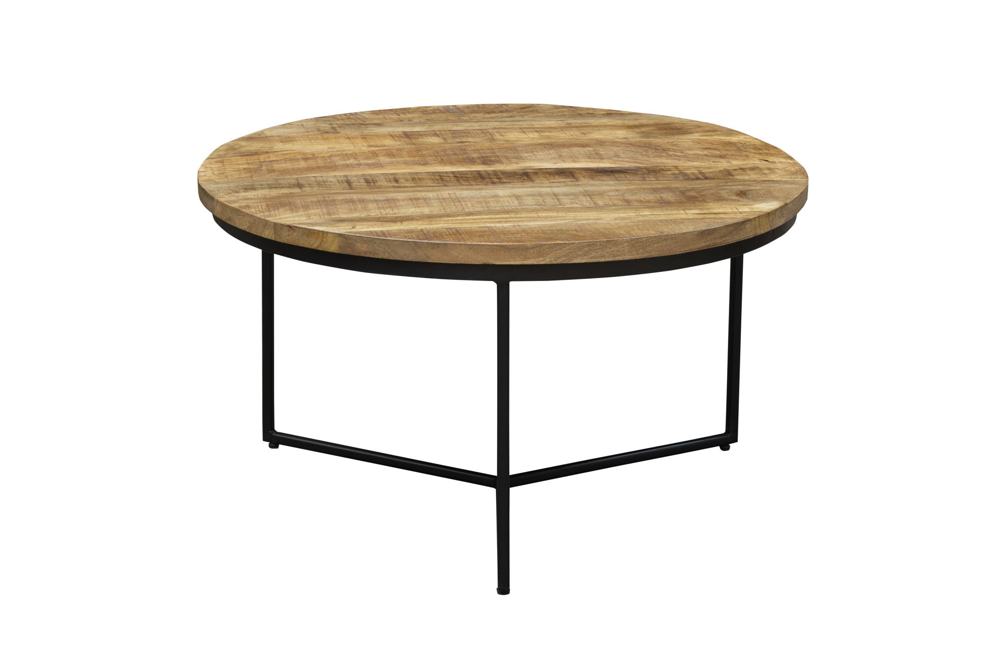 32" Natural and Black Solid Wood And Iron Round Distressed Cross Legs Coffee Table