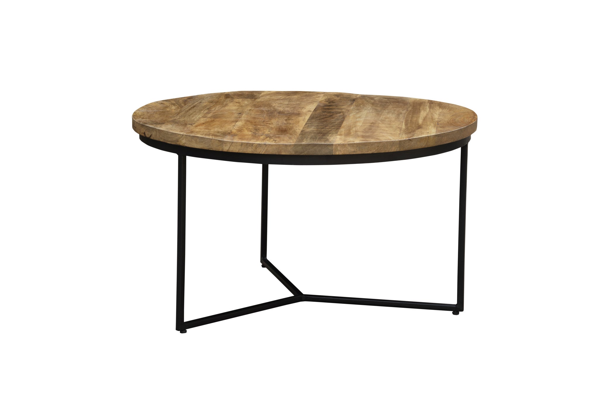 32" Natural and Black Solid Wood And Iron Round Distressed Cross Legs Coffee Table