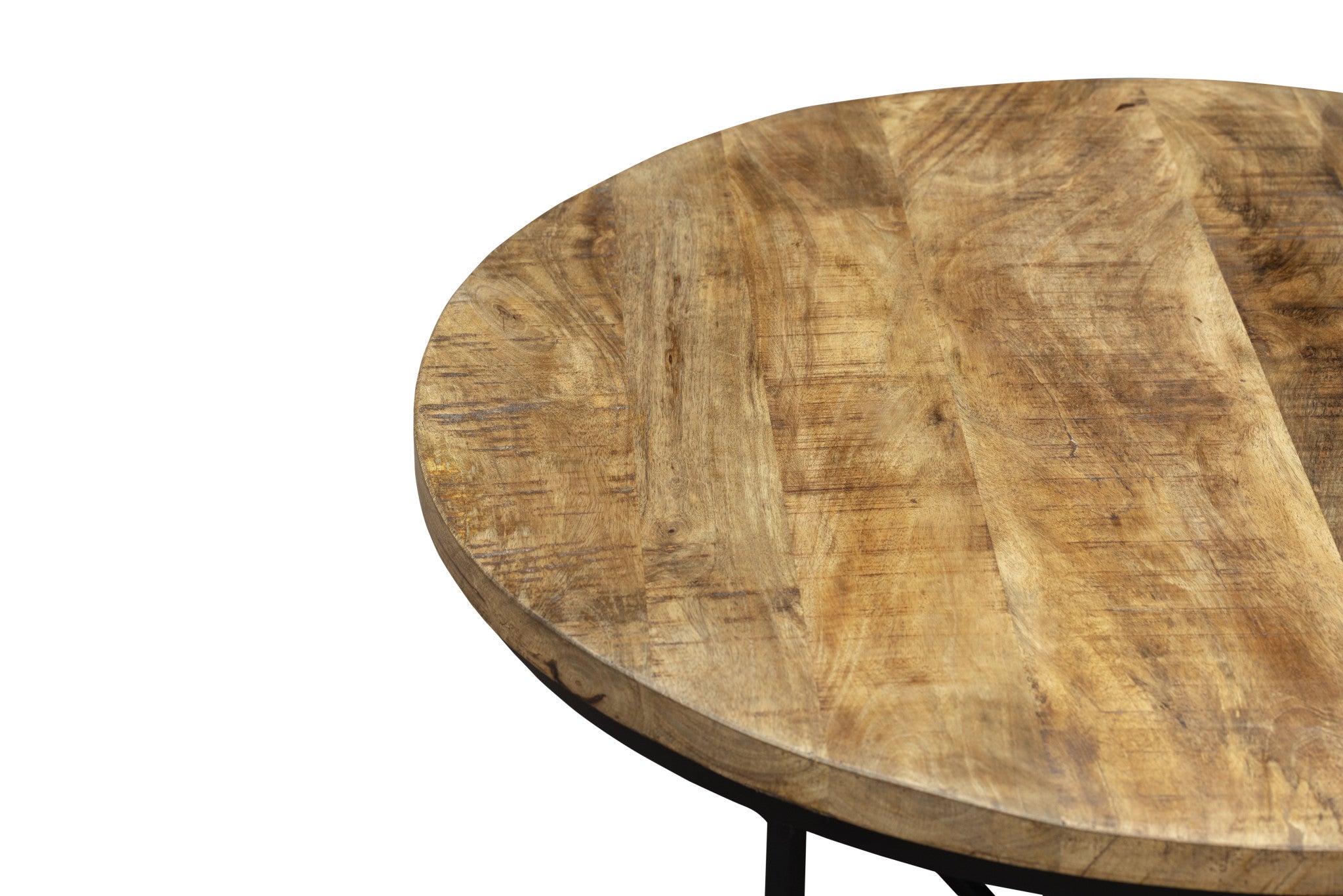 32" Natural and Black Solid Wood And Iron Round Distressed Cross Legs Coffee Table