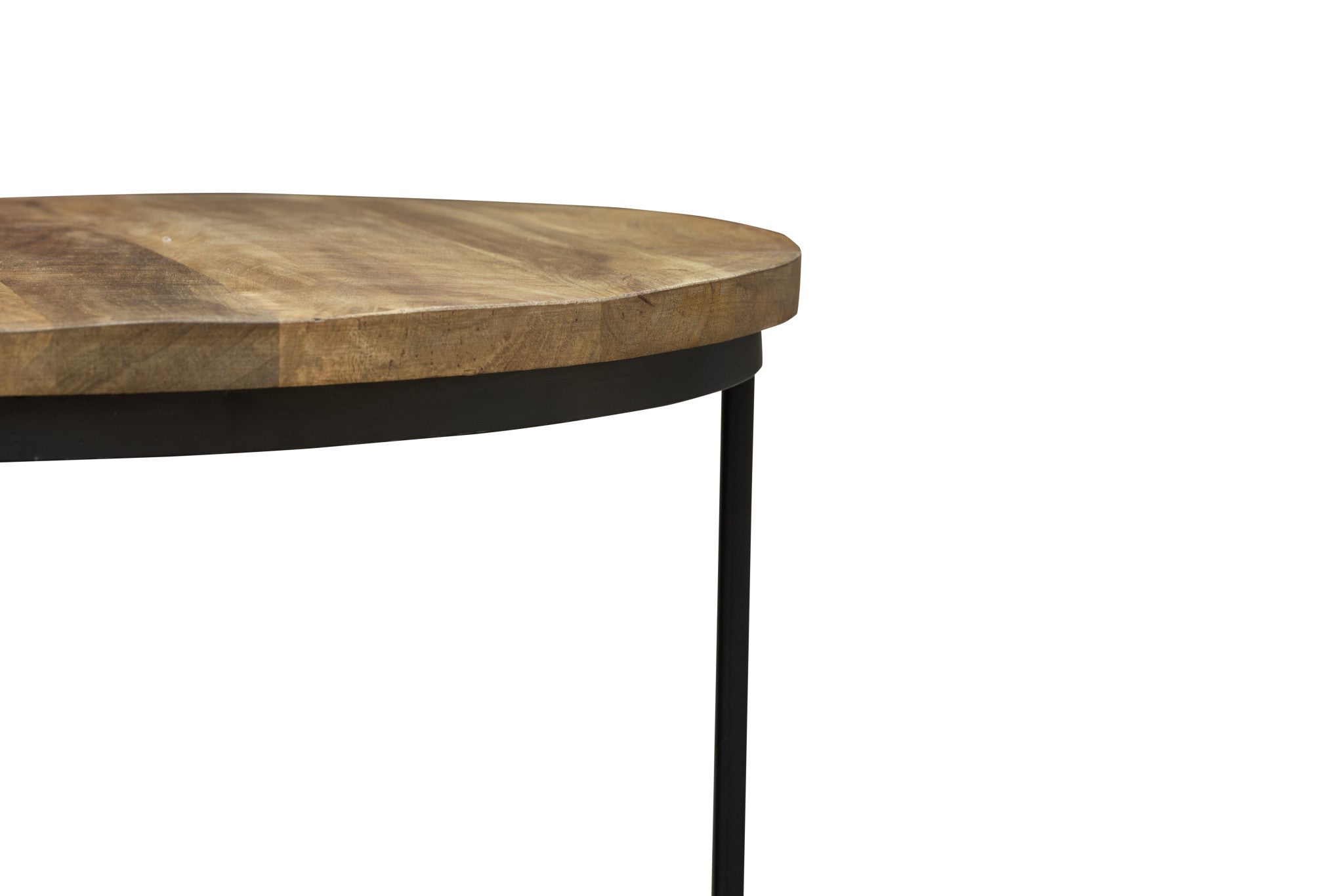 32" Natural and Black Solid Wood And Iron Round Distressed Cross Legs Coffee Table