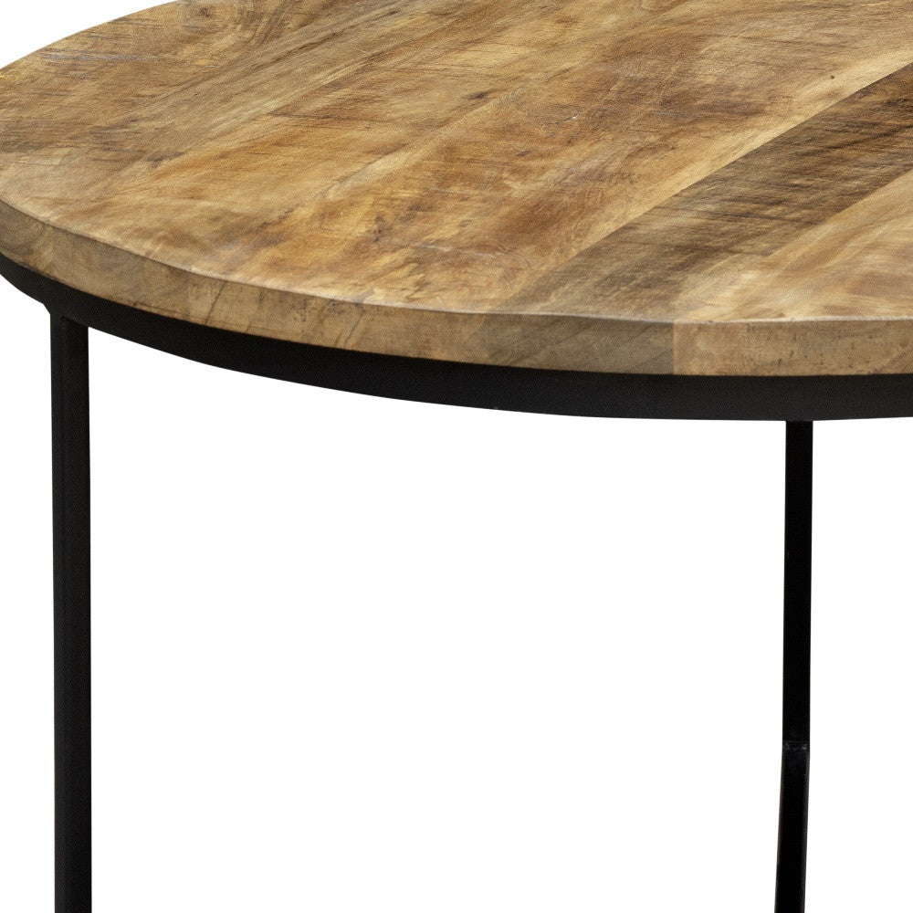 32" Natural and Black Solid Wood And Iron Round Distressed Cross Legs Coffee Table