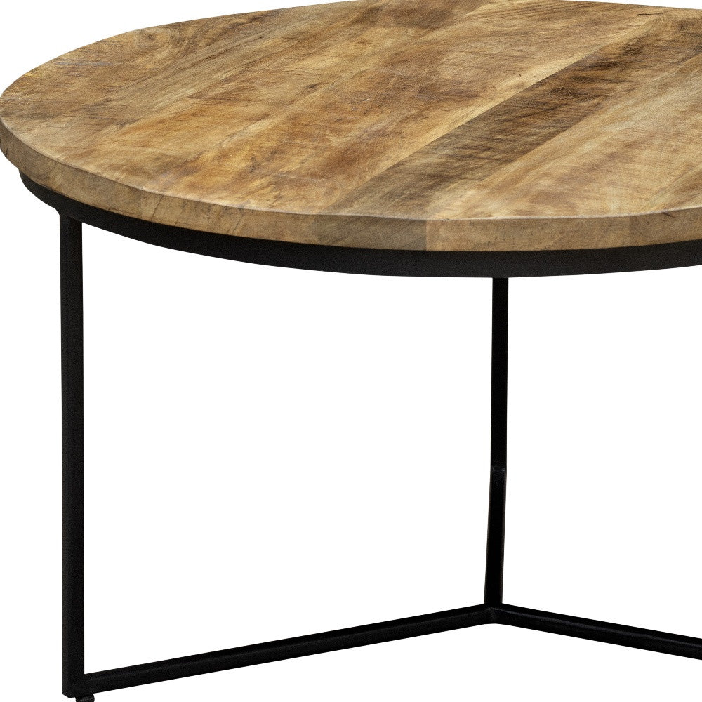 32" Natural and Black Solid Wood And Iron Round Distressed Cross Legs Coffee Table