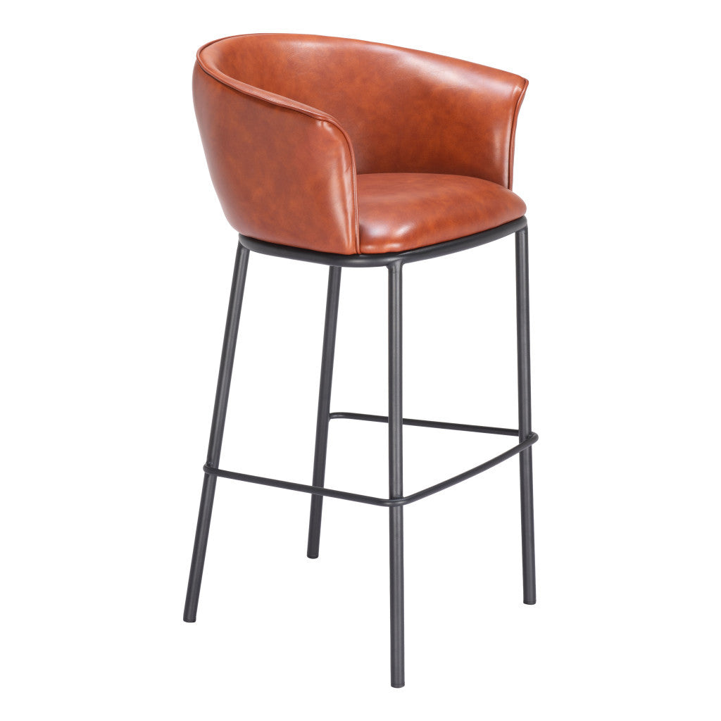 30" Brown And Black Faux Leather And Steel Bar Height Bar Chair