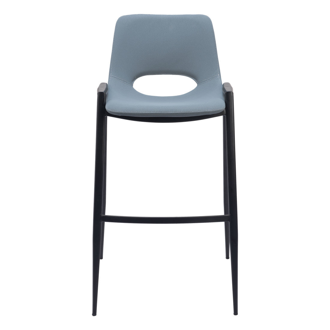 Set of Two 30" Blue And Black Faux Leather And Steel Low Back Bar Height Bar Chairs
