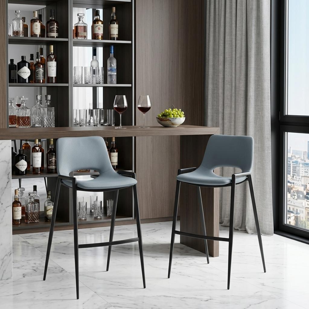 Set of Two 30" Blue And Black Faux Leather And Steel Low Back Bar Height Bar Chairs