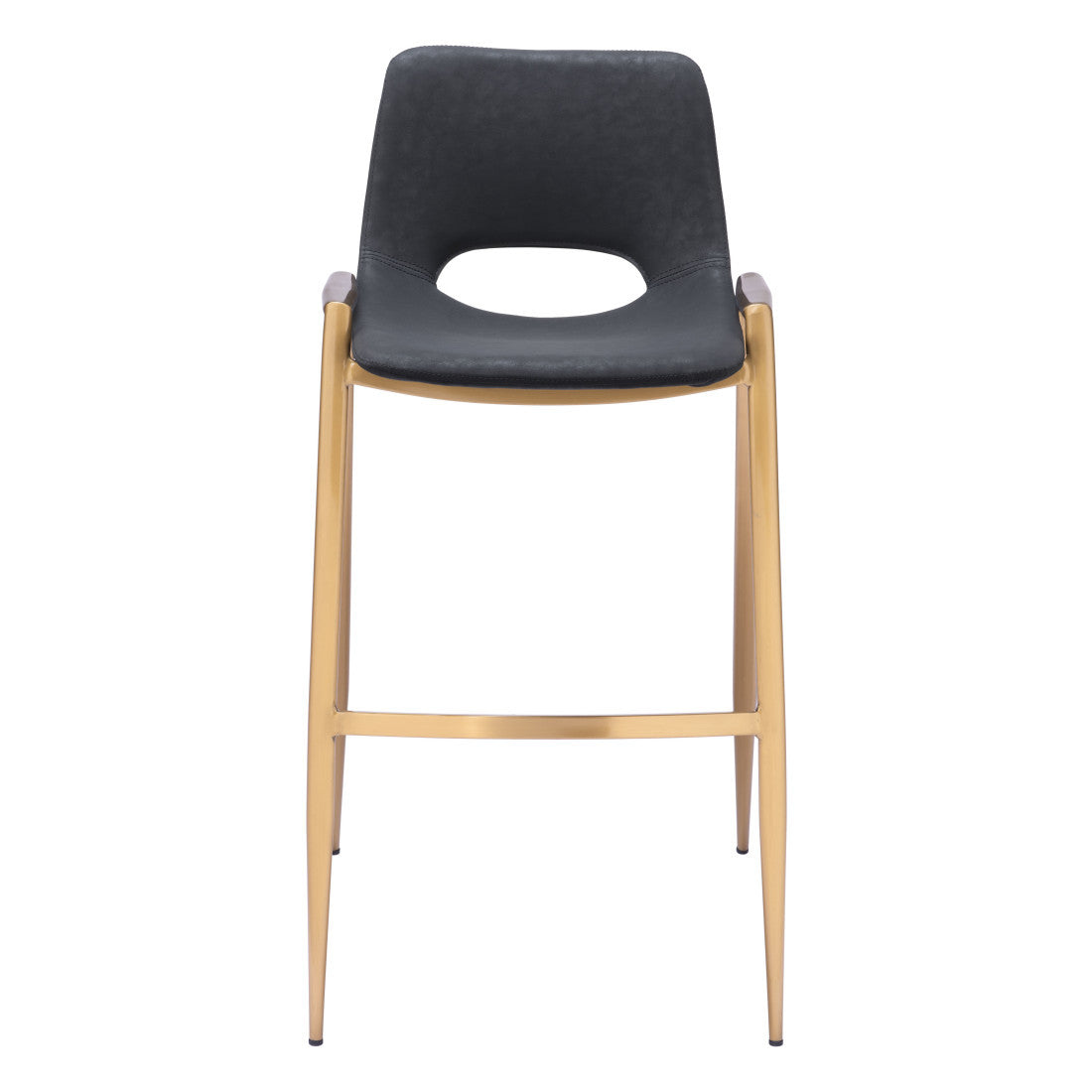 Set of Two 30" Black and Gold Faux Leather and Steel Low Back Bar Height Bar Chairs
