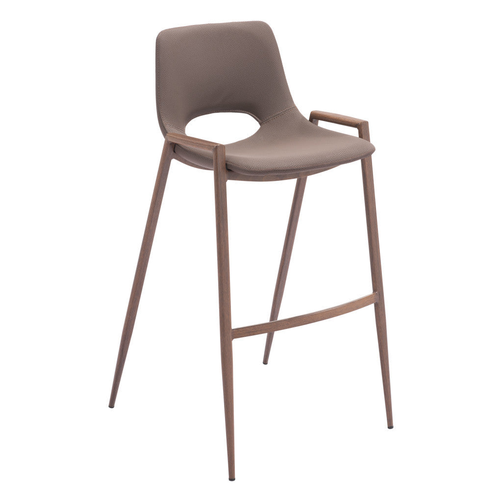 Set of Two 30" Brown Faux Leather And Steel Low Back Bar Height Bar Chairs