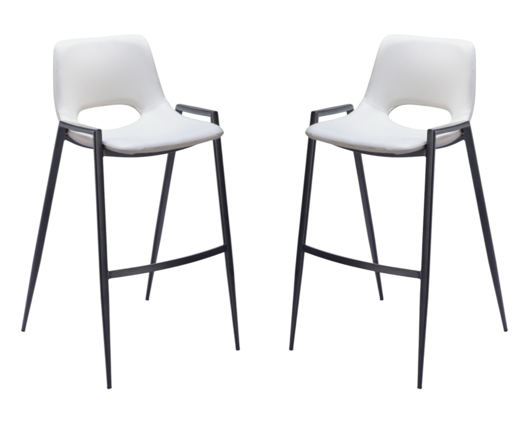 Set of Two 30" White and Black Faux Leather and Steel Low Back Bar Height Bar Chairs