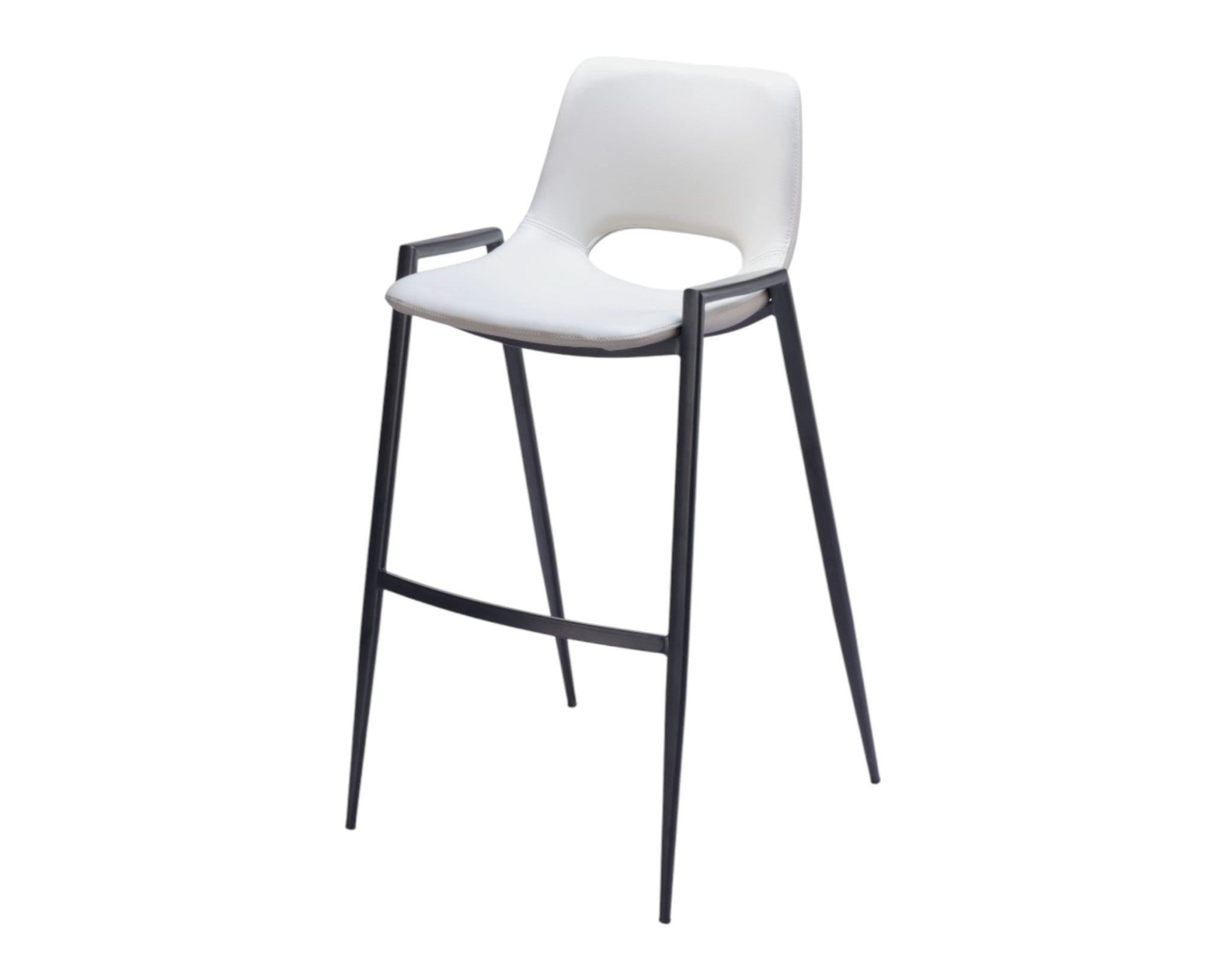 Set of Two 30" White and Black Faux Leather and Steel Low Back Bar Height Bar Chairs