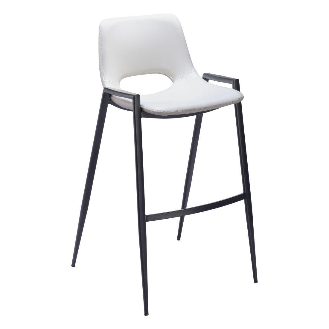 Set of Two 30" White and Black Faux Leather and Steel Low Back Bar Height Bar Chairs